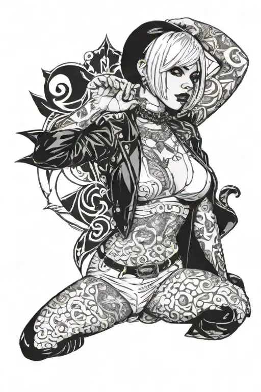 Sexy petite goth Woman with white short bob hairstyle, giant Boobs, Wide hips, G-String, Revealing bra, Full Body View tattoo design idea