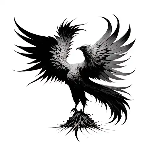 Make a tattoo al in black. It has to be a phoenix emergían from a volcano. Make it minimalista and abstract. less detail tattoo design idea
