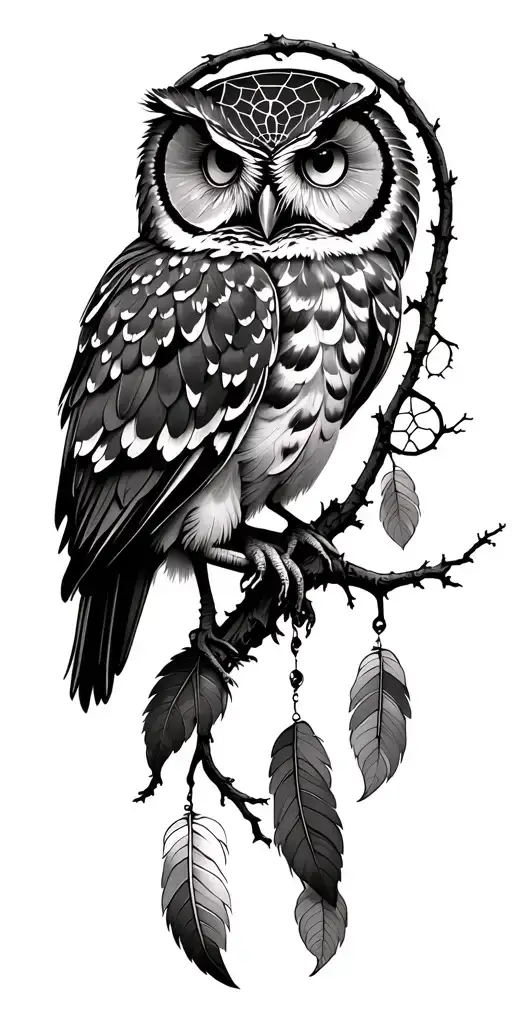 owl, dream catcher, tree growing tattoo design idea