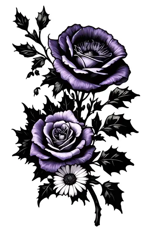 a tattoo of violet , poppy, marigold, narcissus, rose,Gladiolus, holly ,daisy,rose ,primrose flowerconnecting on a vine  tattoo design idea