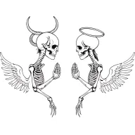 side profile of identical praying skeletons one is a demon with wings and horns  the other an angel with wings and halo  tattoo design idea