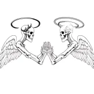 side profile of identical praying skeletons one is a demon with wings and horns  the other an angel with wings and halo  tattoo design idea