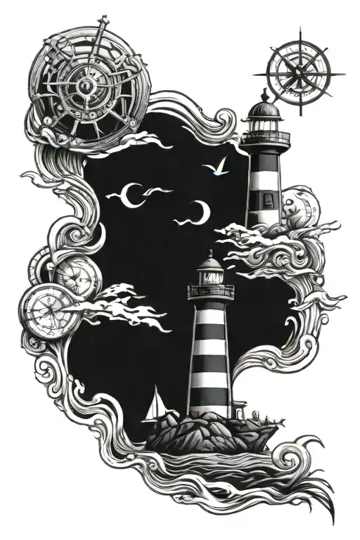 a sea with lighthouse with compass and anchor   tattoo design idea