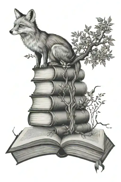 stacked books with tree growing out of top open book with fox climbing down tattoo design idea