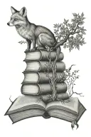 stacked books with tree growing out of top open book with fox climbing down tattoo design idea