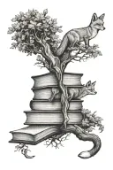 stacked books with tree growing out of top open book with fox climbing down tattoo design idea