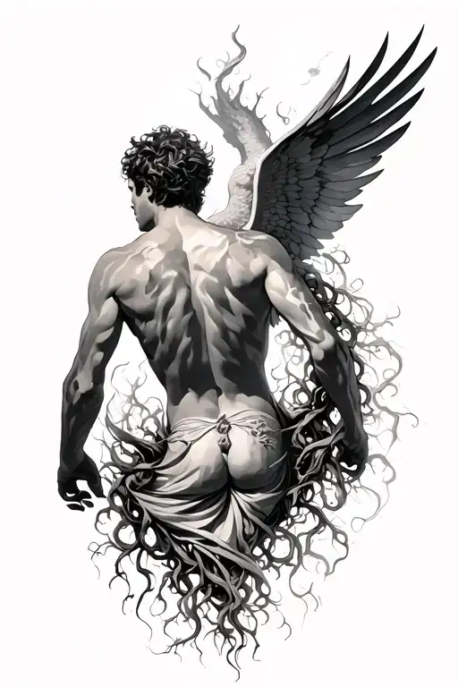 Icarus falling and vines around him back tattoo design idea