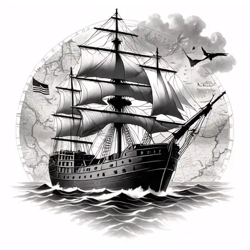 Create a tattoo design inspired by 'To Kill a Mockingbird' featuring a clipper ship and old maps tattoo design idea