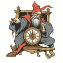 a tiny red cartoon wizard inserting a piece of paper into the top of a small square analog clock tattoo design idea