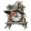 a tiny red cartoon wizard inserting a piece of paper into the top of a small square analog clock tattoo design idea