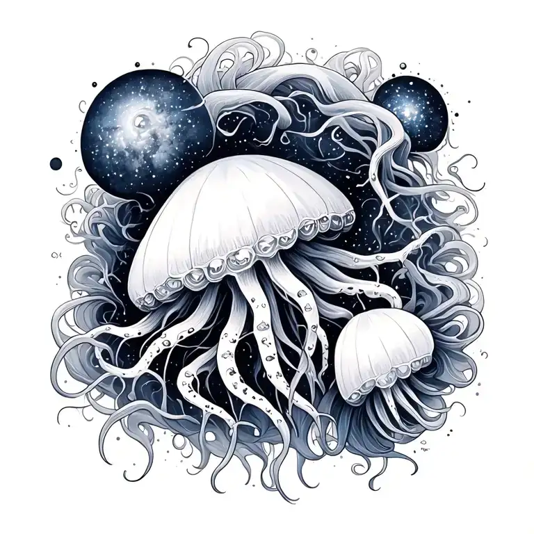 White meduse and galaxy tattoo design idea