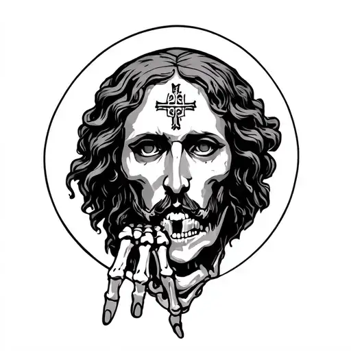 st jude patron saint face with skeleton hand  tattoo design idea