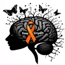 multiple sclerosis neuron firing in the brain with butterflies and an orange ribbon with the words Keep S'myelin tattoo design idea