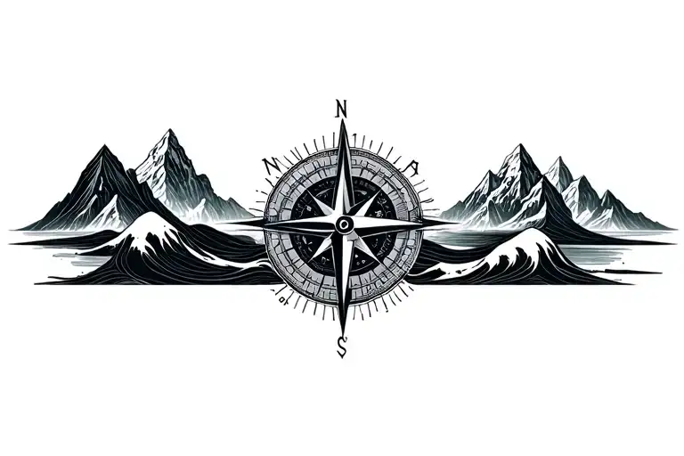 large compass with long north point surrounded by intricate geometric moutains and waves. black and white tattoo design idea