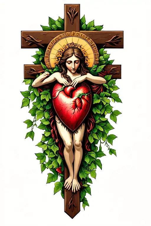 Vines coming from crucifix with sacred heart immaculate heart chaste heart of joseph sleeve tattoo design idea