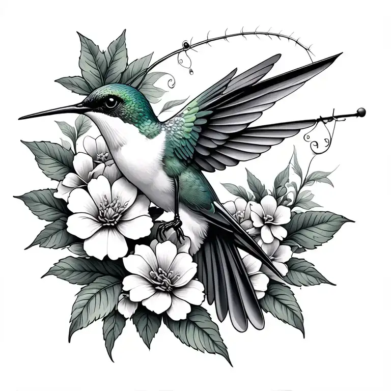 fishing humming bird with flowers tattoo design idea
