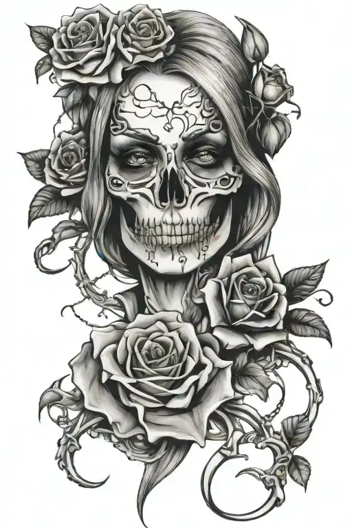 Sleeve tattoo design in neo-traditional style, girl with skeleton jaw and roses tattoo design idea