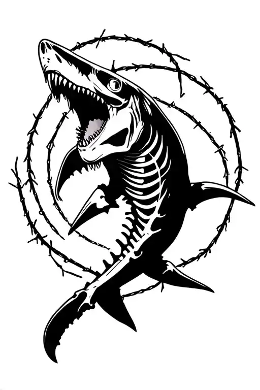 hammered shark skeleton with barbwire around the silhouette.  tattoo design idea