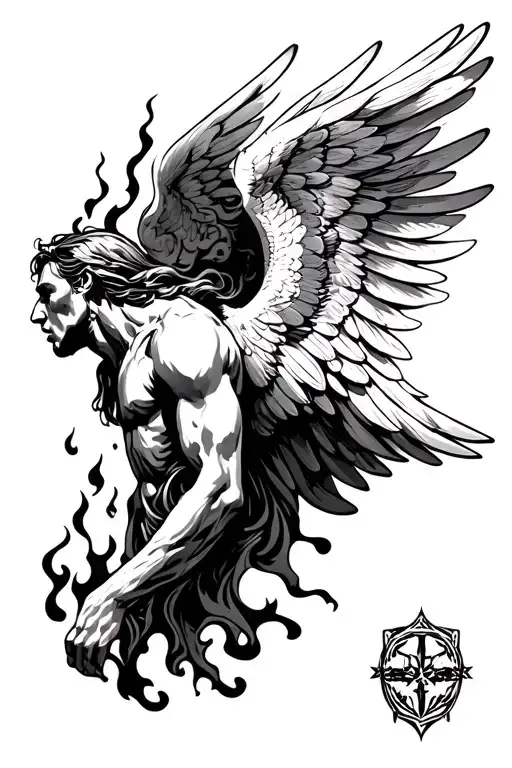 fallen angel, wings on fire flames, men tattoo design idea
