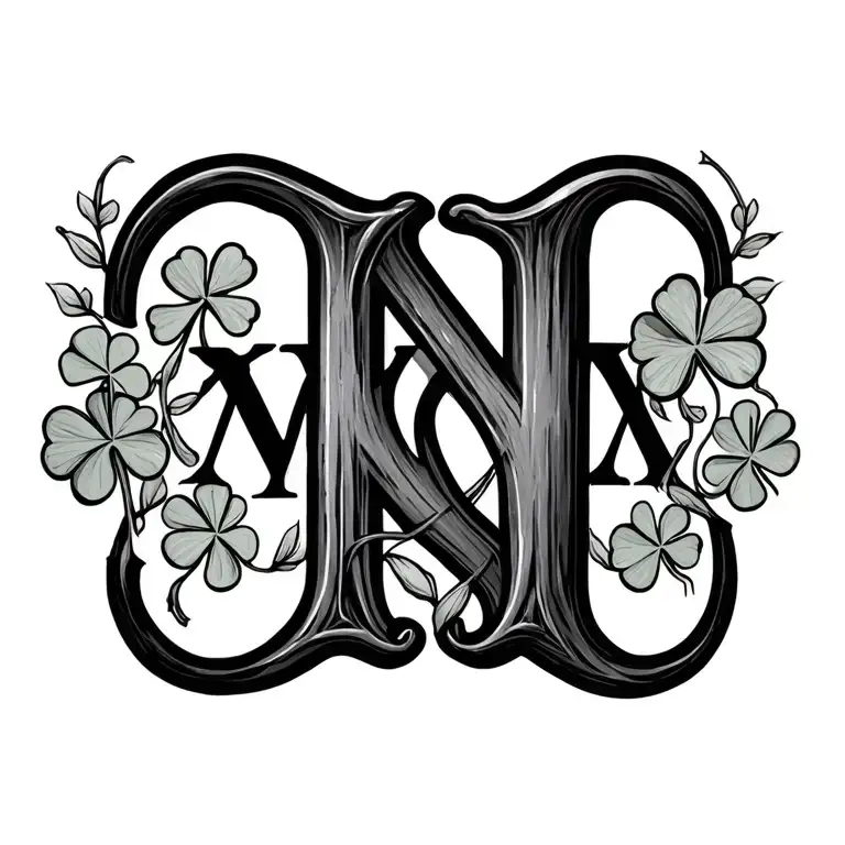 Thick Roman numeral birthdate with four-leaf clovers surounding it connected by vines tattoo design idea