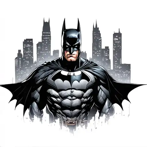 Batman against nighttime Gotham City skyline tattoo design idea