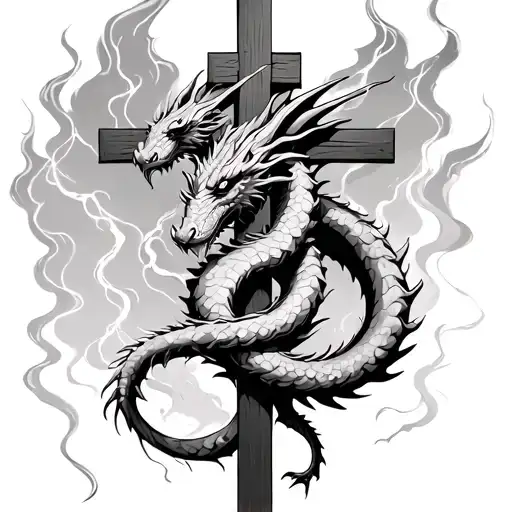 a dragon wraping around a cross in a thunderstorm tattoo design idea
