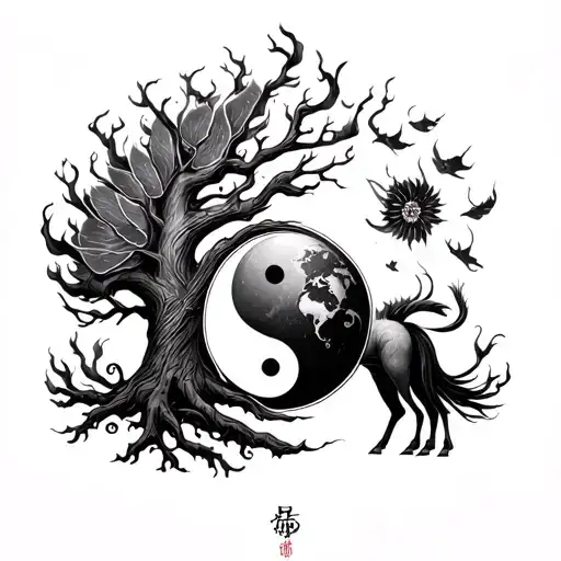 Virgo, Year of the Fire Ox, Earth, yin yang, tree of life, dark fairy tattoo design idea
