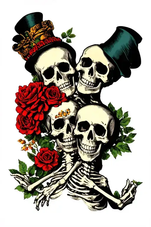 even in death and include two skeletons or half dead people together tattoo design idea
