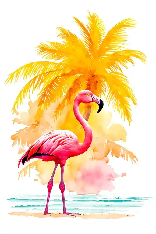 flamingo on beach scene with palm trees tattoo design idea