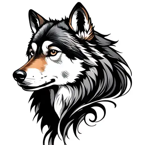 wolf and lady head profile looking tattoo design idea