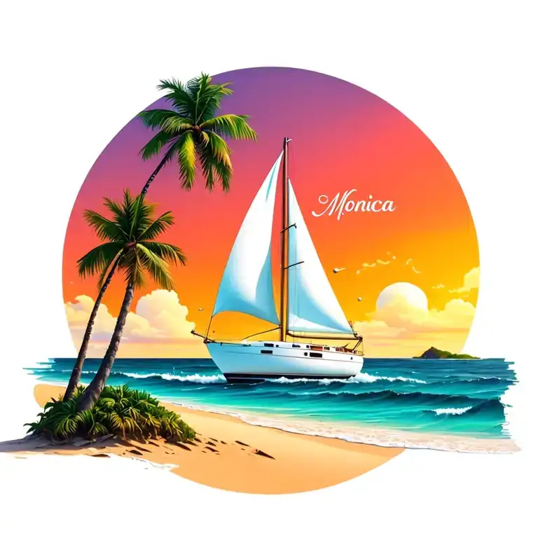 "Monica" "Monica" bubble  foreground white sailboat, sunrise sky small background distant island 2 palm tree  ocean vibrant beach tattoo design idea