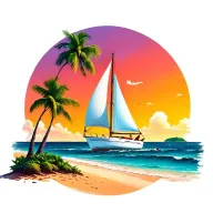 "Monica" "Monica" bubble  foreground white sailboat, sunrise sky small background distant island 2 palm tree  ocean vibrant beach tattoo design idea