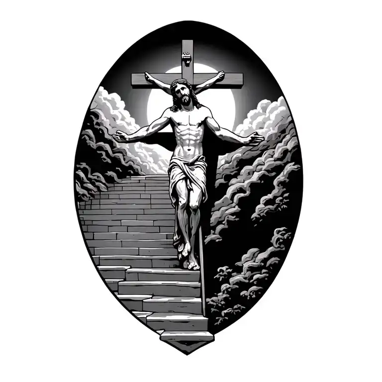 stairway to heaven with Jesus on a cross at the top tattoo design idea