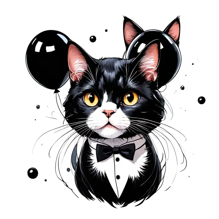 tuxedo cat floating with black balloons floating tattoo design idea