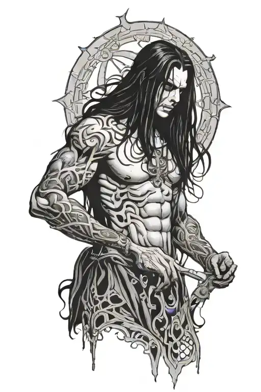 Black metal guy with long black hair covering his body in a gothic minimalist style tattoo design idea