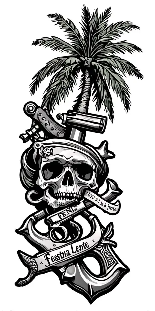 Patch work tattoo that includes a palm tree, anchor, pirate pistol, and "Festina Lente" tattoo design idea