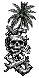 Patch work tattoo that includes a palm tree, anchor, pirate pistol, and "Festina Lente" tattoo design idea