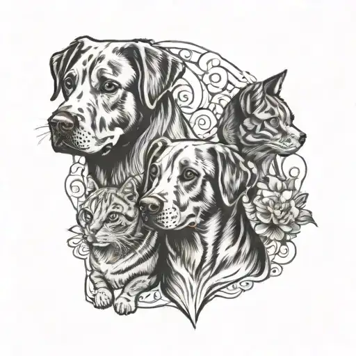 labrador, retrodoodle and tabby cat fine line outlines tattoo design idea