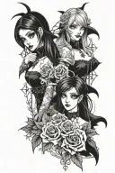 two vampire anime girls in gothic attire with crosses and roses tattoo design idea