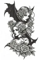two vampire anime girls in gothic attire with crosses and roses tattoo design idea