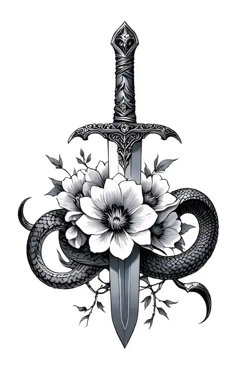 sword with flowers and snake wrapped around it tattoo design idea