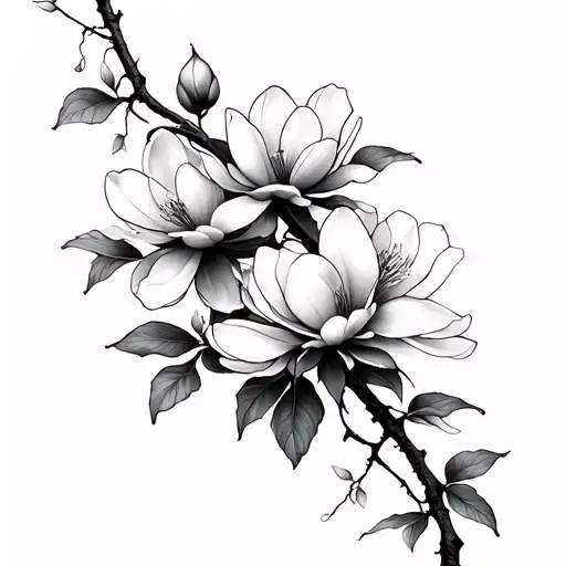 vine with cherry blossoms and magnolia flowers growing tattoo design idea
