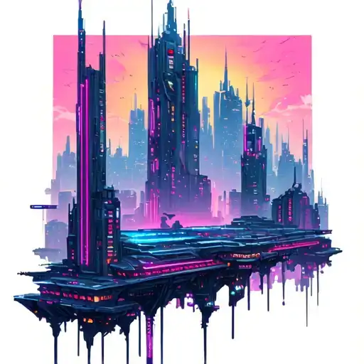 A cyberpunk cityscape with neon lights and futuristic buildings tattoo design idea