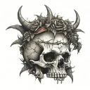 Broken Skull no jaw covered in blood with a diadem of thorns. Cracks, satanic, Satanism. tattoo design idea