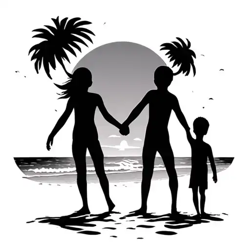 two parents holding hands with two boys at the beach during sunset tattoo design idea