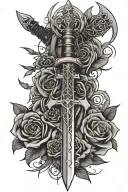 Two demonic katana keyblade swords crossing over one another with a kingdom hearts heart behind the keyblades with roses tattoo design idea