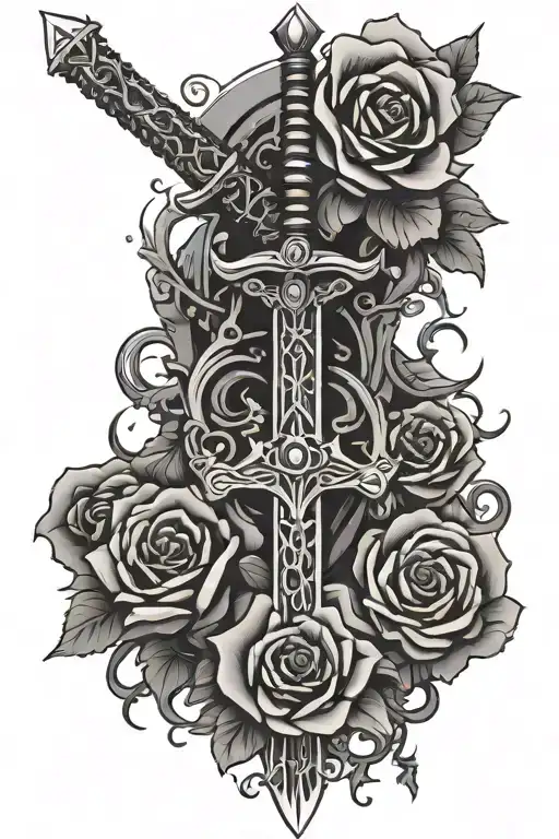 Two demonic katana keyblade swords crossing over one another with a kingdom hearts heart behind the keyblades with roses tattoo design idea
