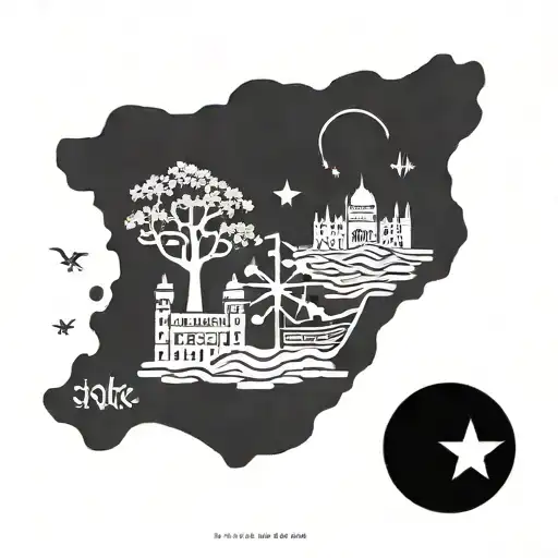 A fusion of the maps of Palestine, Syria, and Lebanon with symbols such as olives, Jerusalem, cedar trees, and jasmine, combined with elements representing freedom, sky, clouds, and flowers tattoo design idea