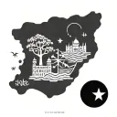 A fusion of the maps of Palestine, Syria, and Lebanon with symbols such as olives, Jerusalem, cedar trees, and jasmine, combined with elements representing freedom, sky, clouds, and flowers tattoo design idea