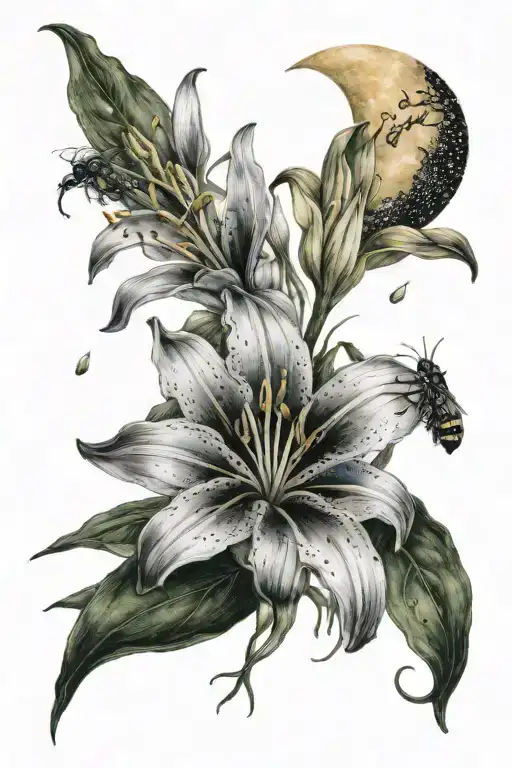 lilies and fireflies woodland flowers and moon tattoo design idea